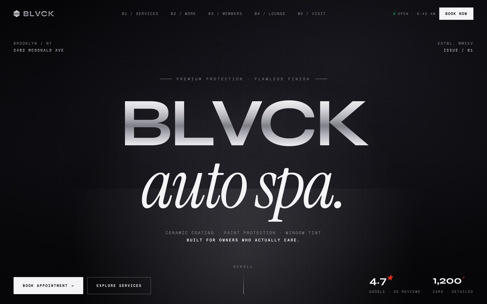 BLVCK Auto Spa — концепт, тёмный журнальный макет